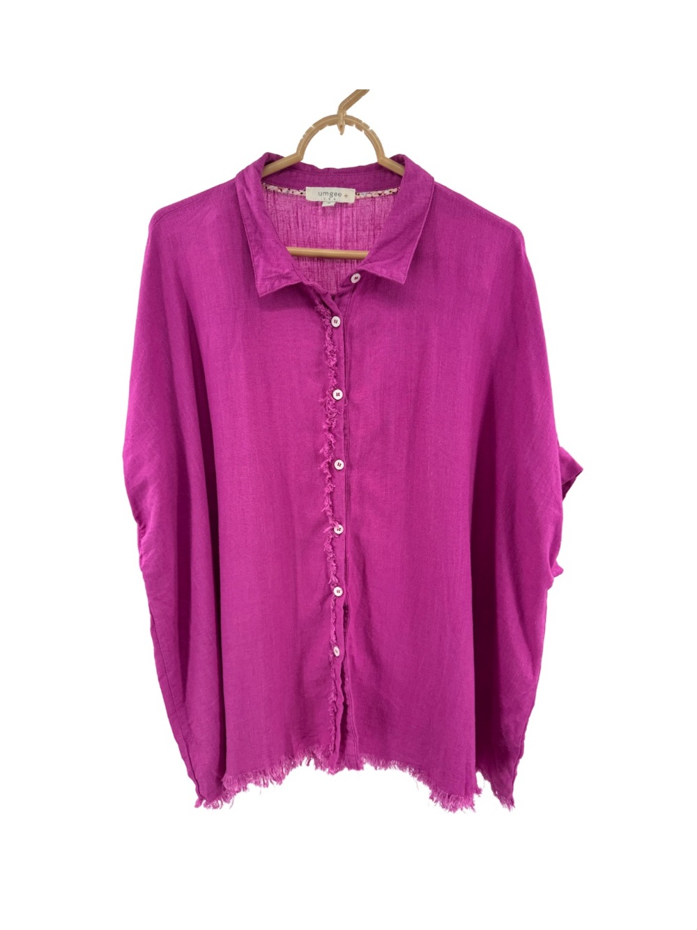 Umgee Fuchsia Button-Down Shirt with Frayed Placket XL oversized linen blend